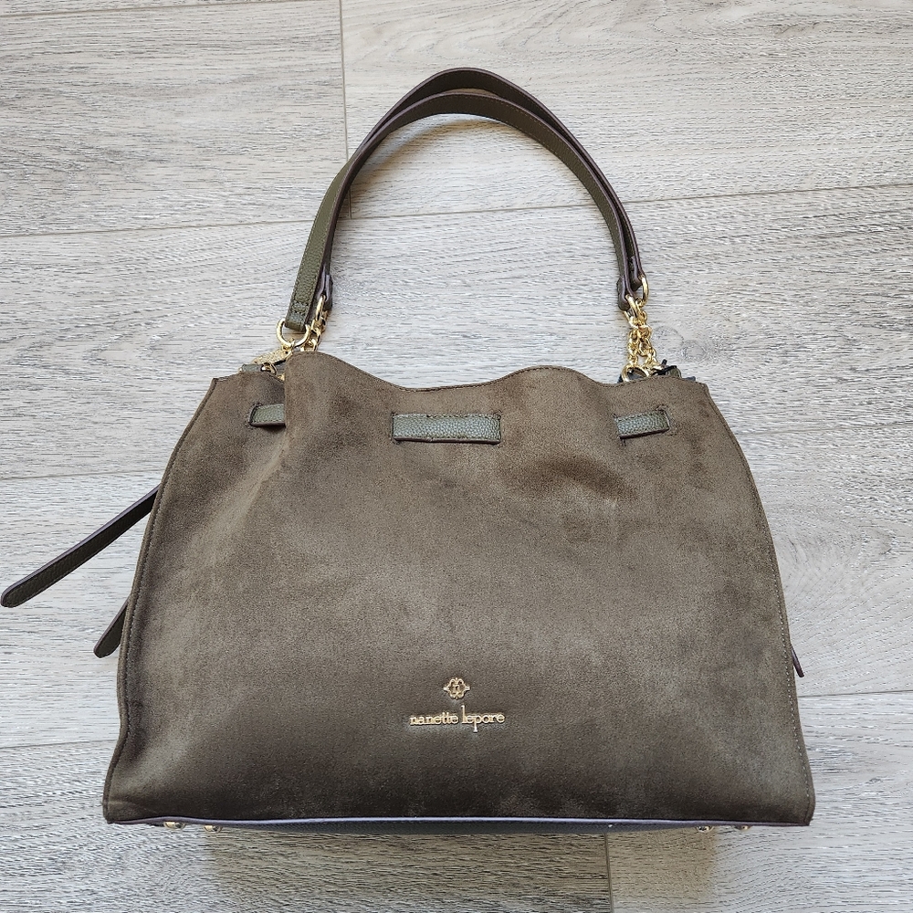 Nanette Lepore Green Faux Suede Handbag Shoulder Gold Chain Nwt